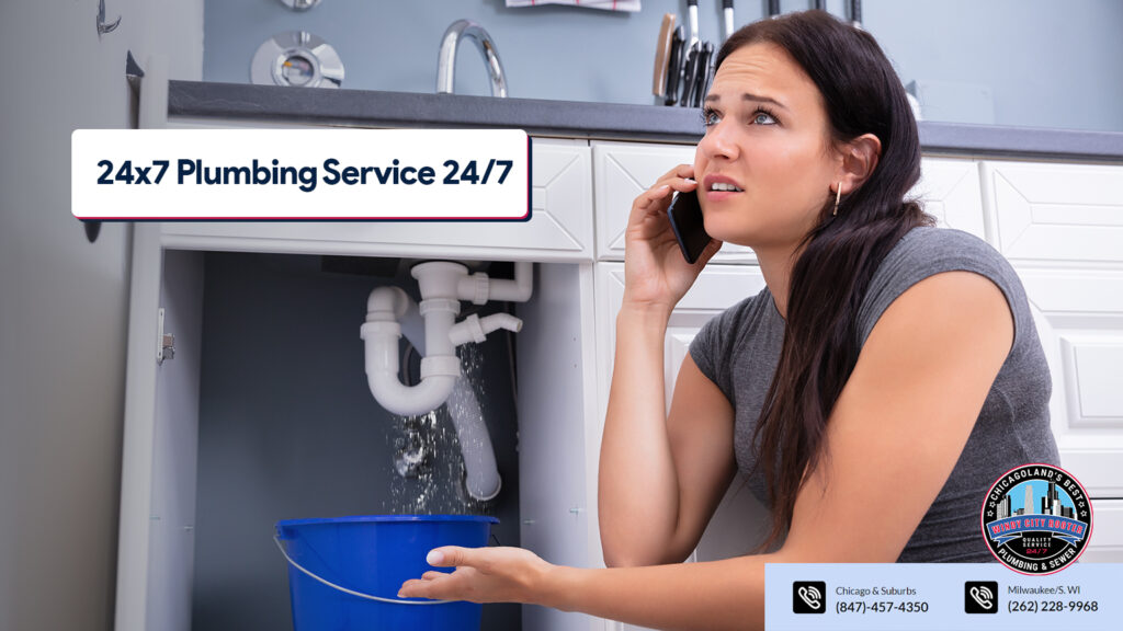 A lady calling Windy City Rooter for 24-hour Plumbing Service in a plumbing emergency situation.